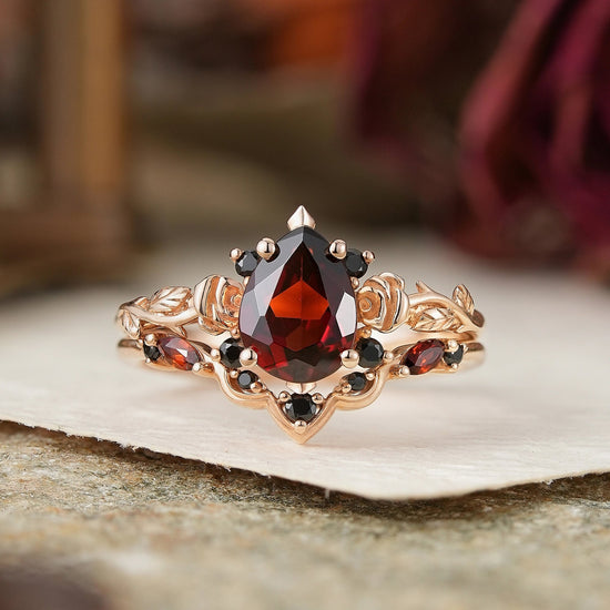 Gothic Pear Cut Garnet And Black Onyx Rose Inspired Bridal Ring Set - Flora - GemsMagic