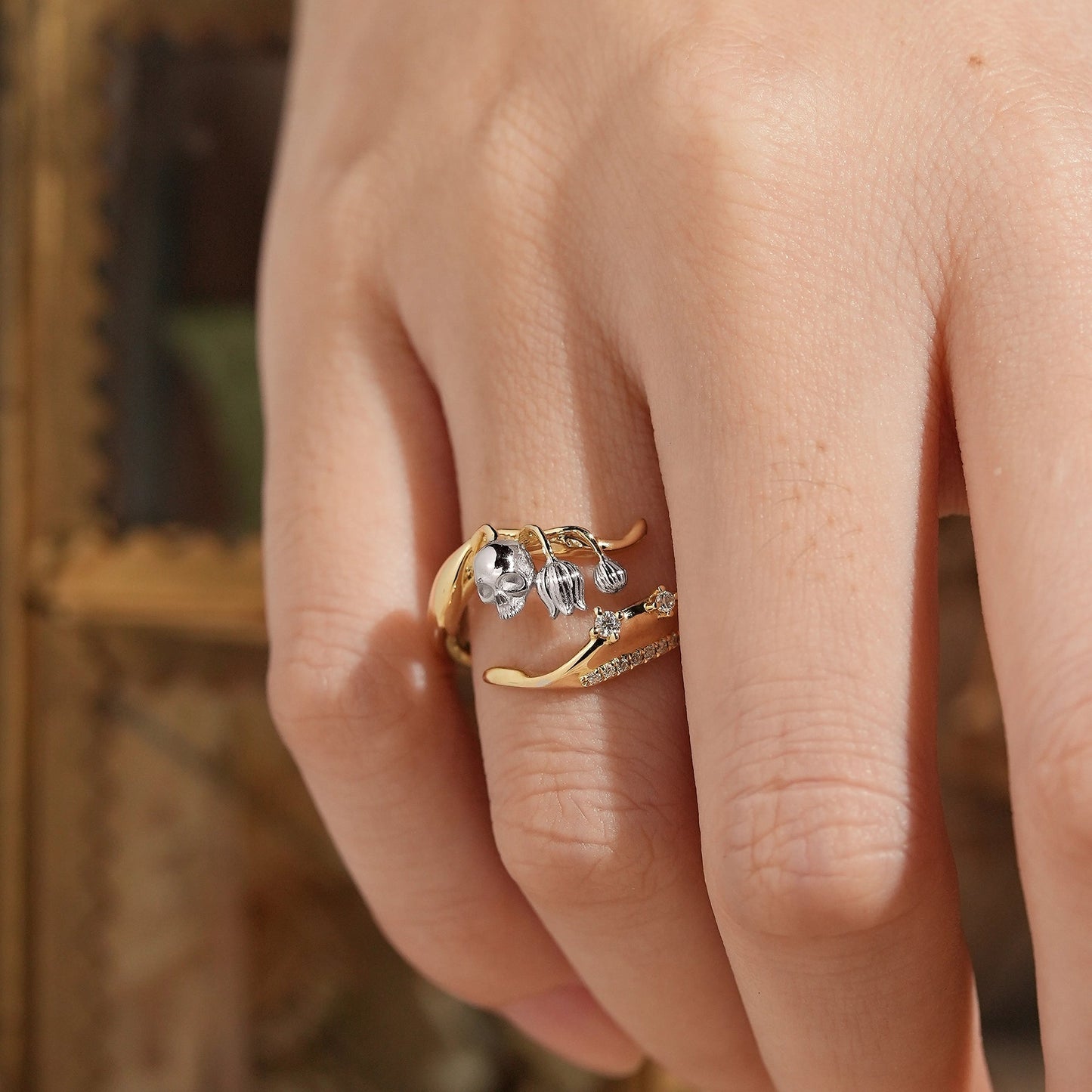 Gothic Skull and Lily of the Valley Inspired Straight Wedding Ring - GemsMagic