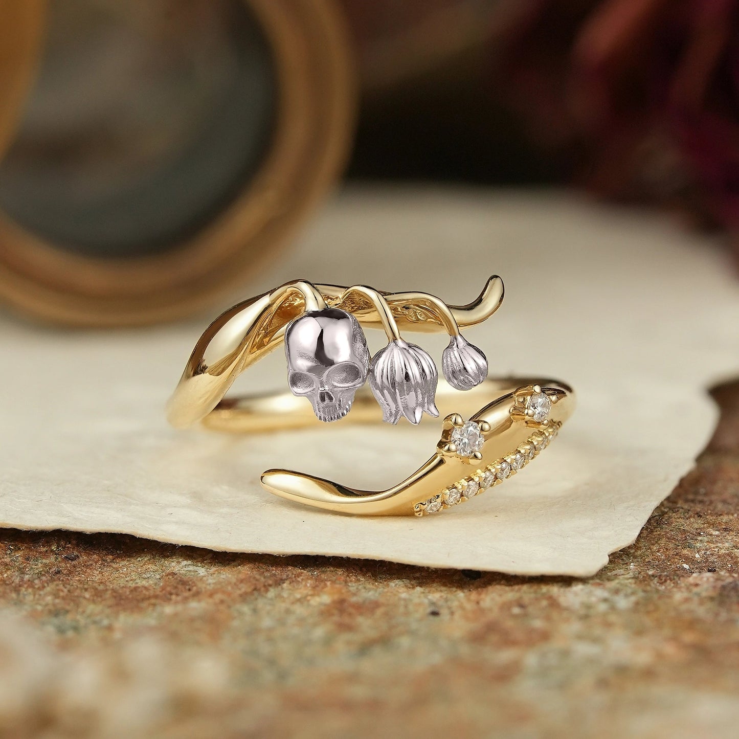 Gothic Skull and Lily of the Valley Inspired Straight Wedding Ring - GemsMagic