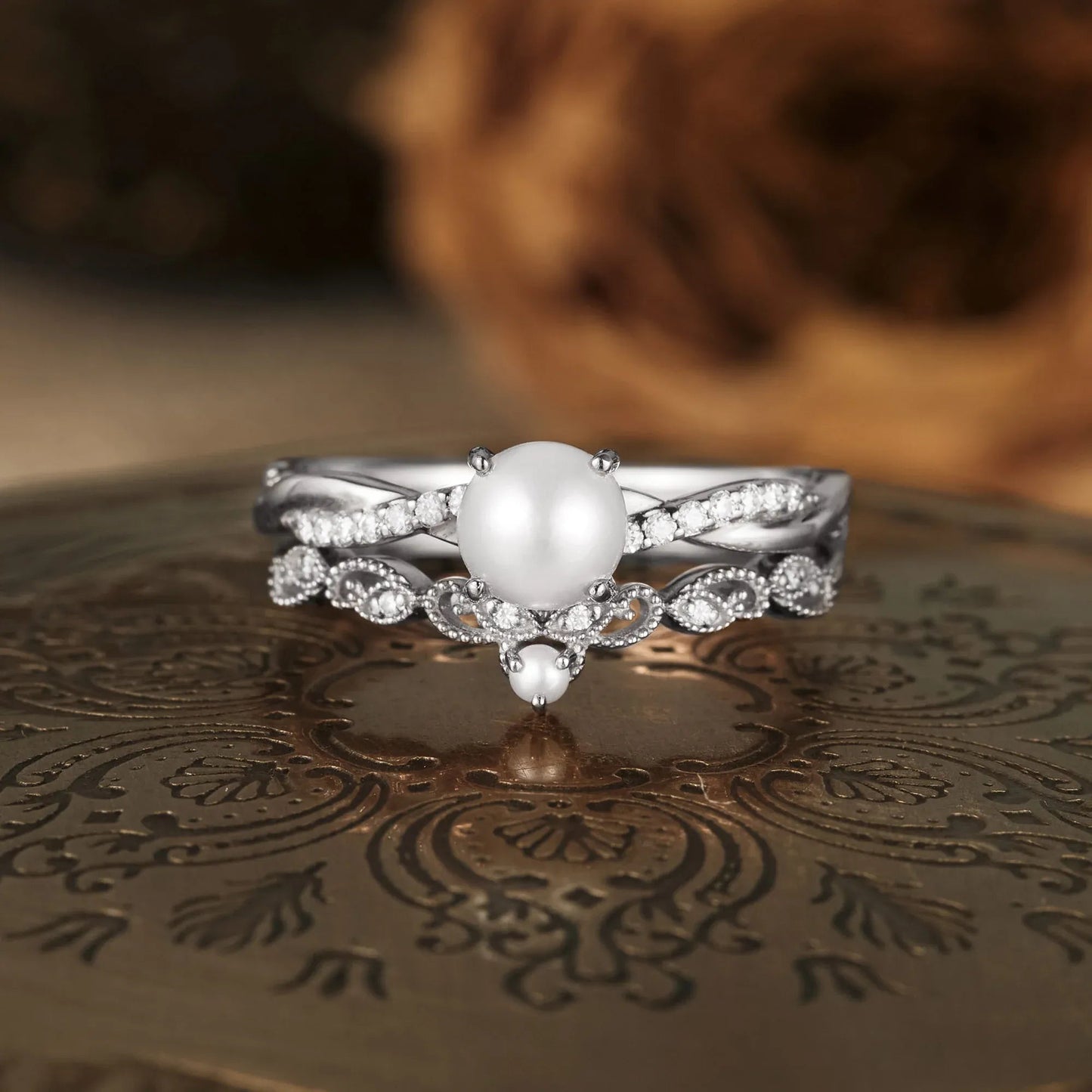 Graceful Pearl Engagement Ring Set 2pcs - GemsMagic - GemsMagic