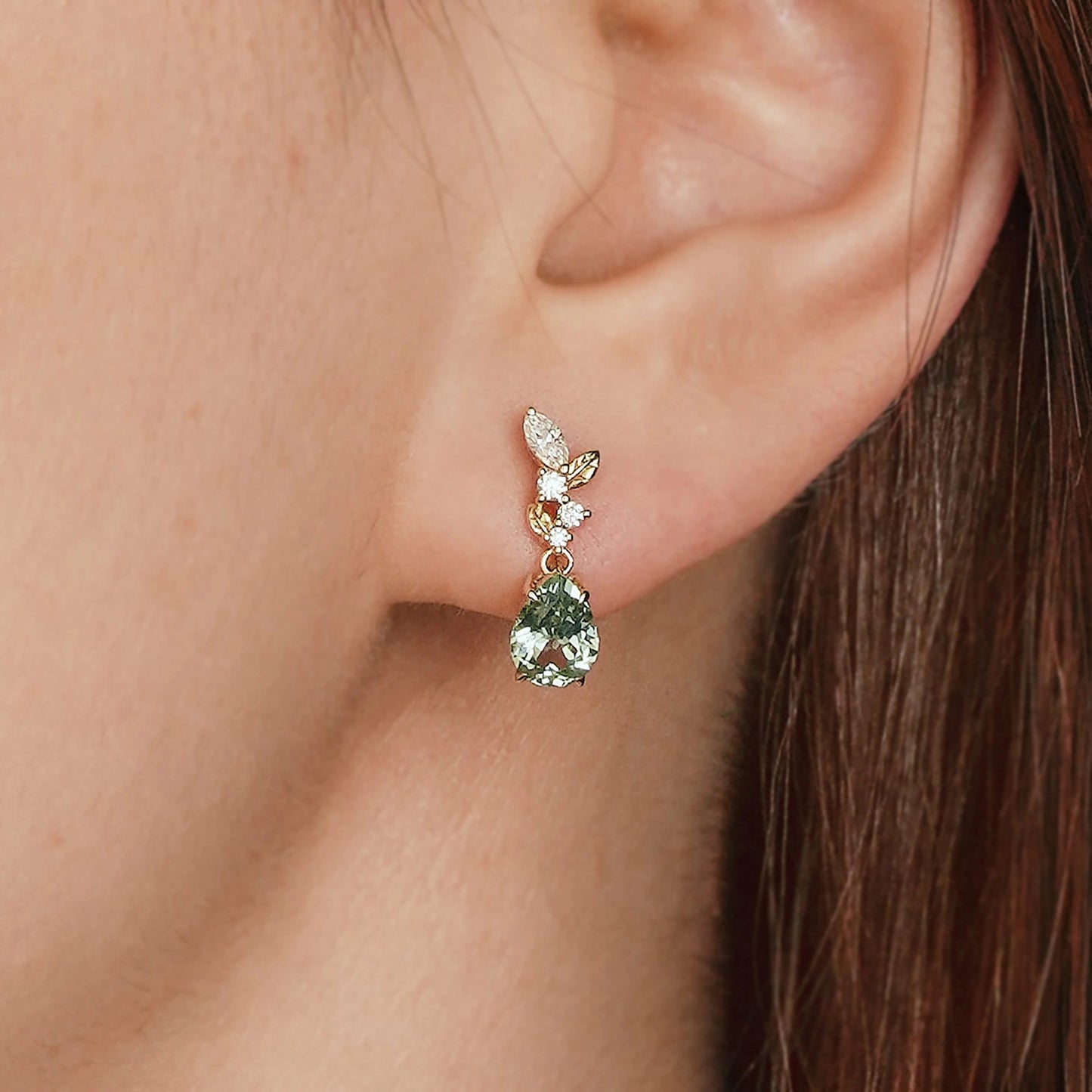 Green Sapphire and Marquise Moissanite Leaf Inspired Earrings - GemsMagic