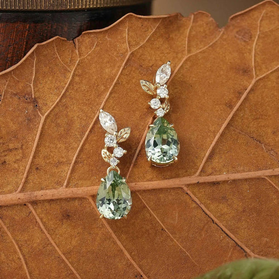 Green Sapphire and Marquise Moissanite Leaf Inspired Earrings - GemsMagic