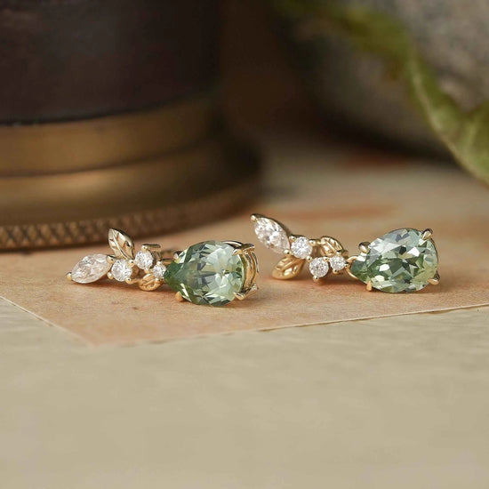Green Sapphire and Marquise Moissanite Leaf Inspired Earrings - GemsMagic