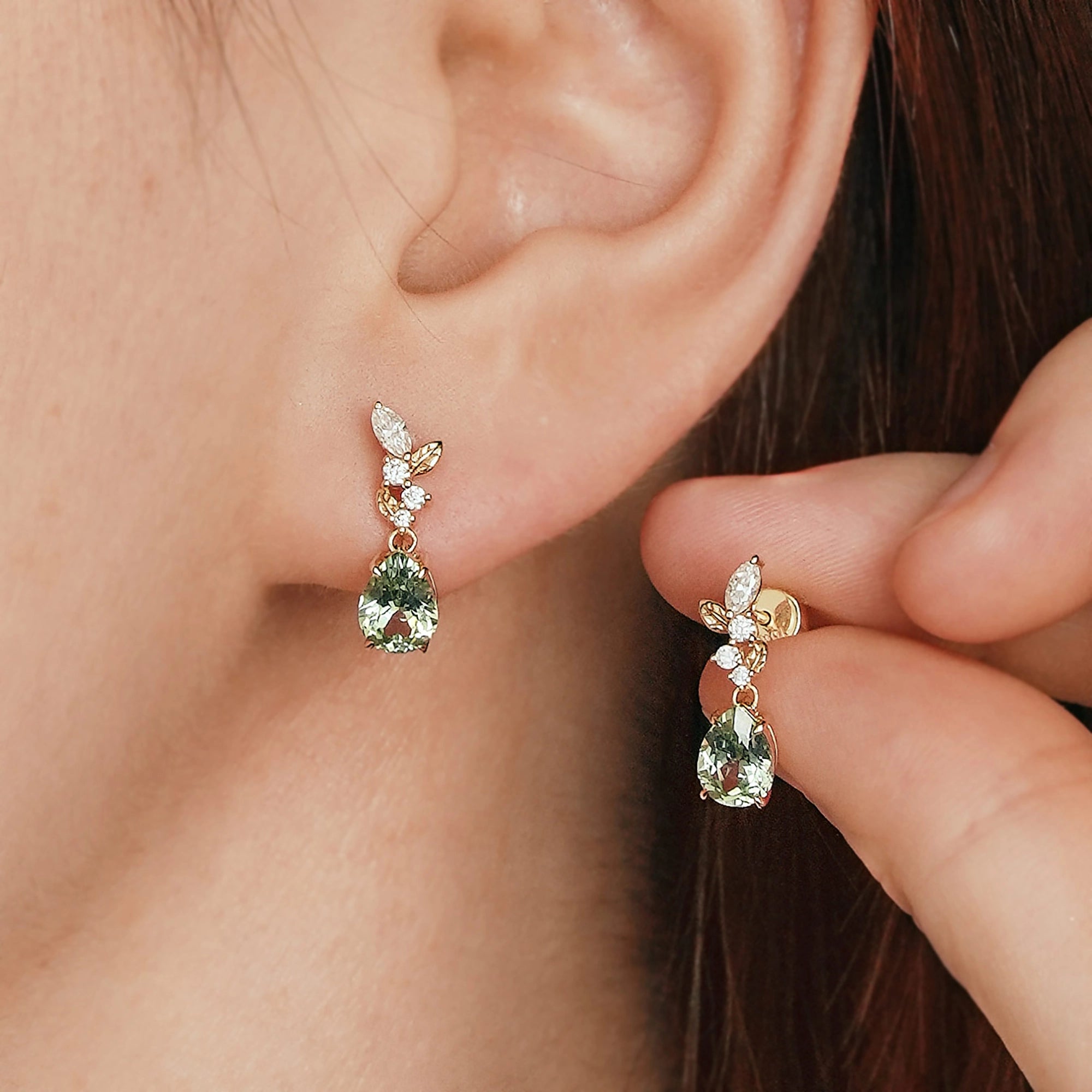 Green Sapphire and Marquise Moissanite Leaf Inspired Earrings - GemsMagic