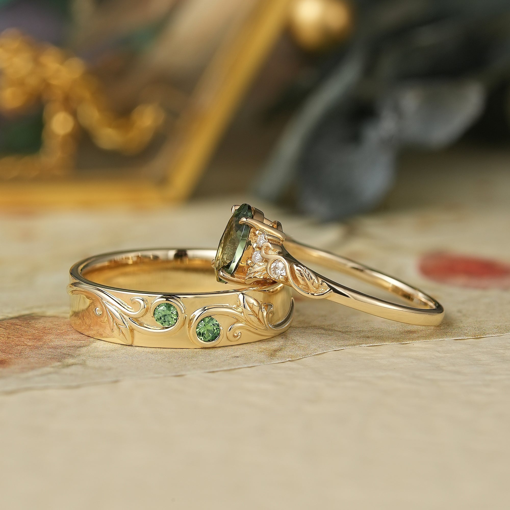 Green Sapphire Couple Ring Set - Tides of Us - GemsMagic