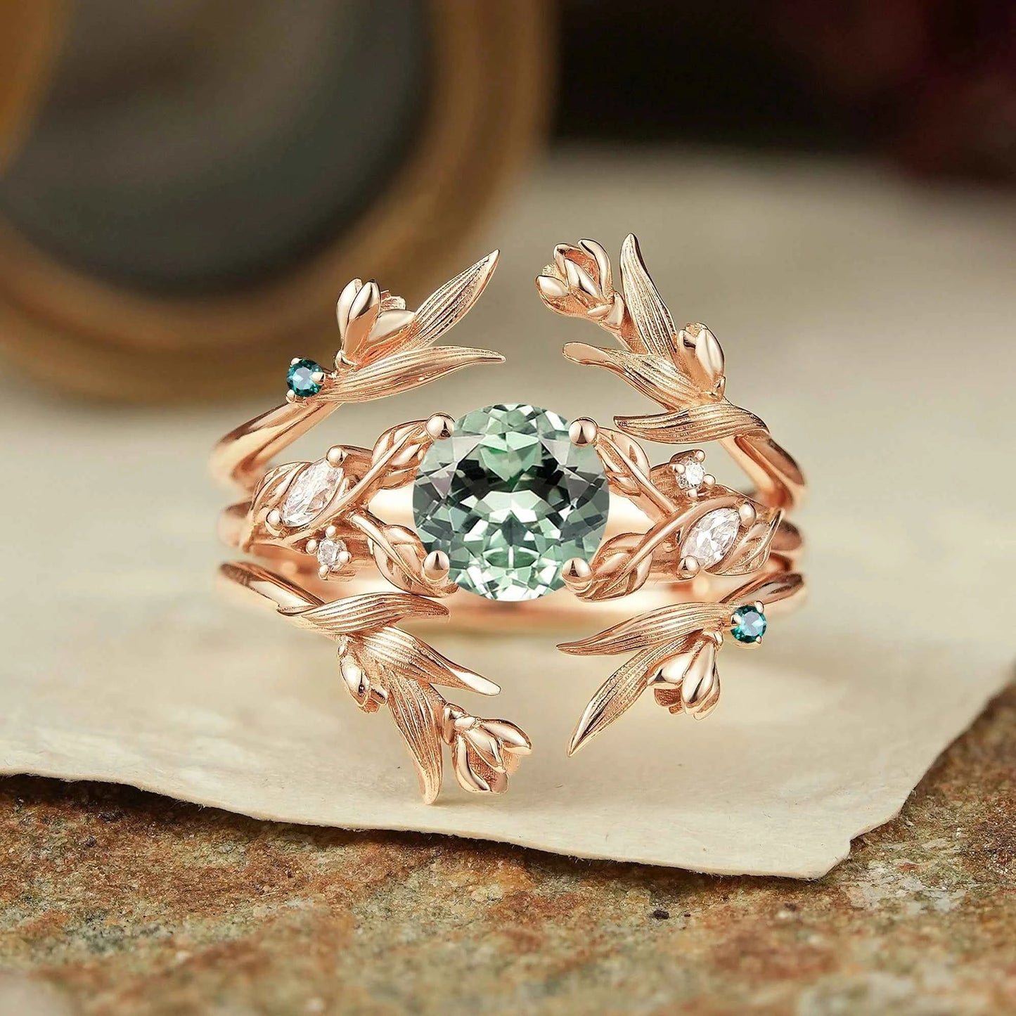 Green Sapphire Leaf And Flower Inspired Enhancer Bridal Ring Set - GemsMagic