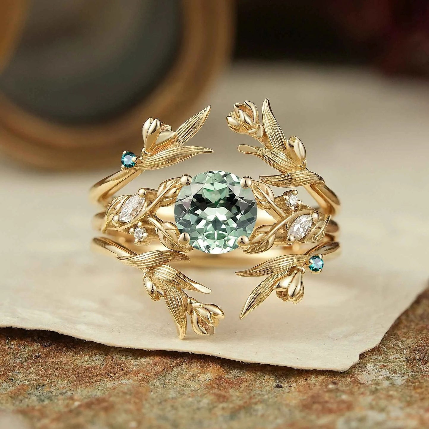Green Sapphire Leaf And Flower Inspired Enhancer Bridal Ring Set - GemsMagic