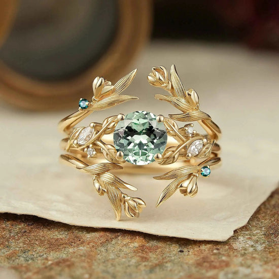 Green Sapphire Leaf And Flower Inspired Enhancer Bridal Ring Set - GemsMagic
