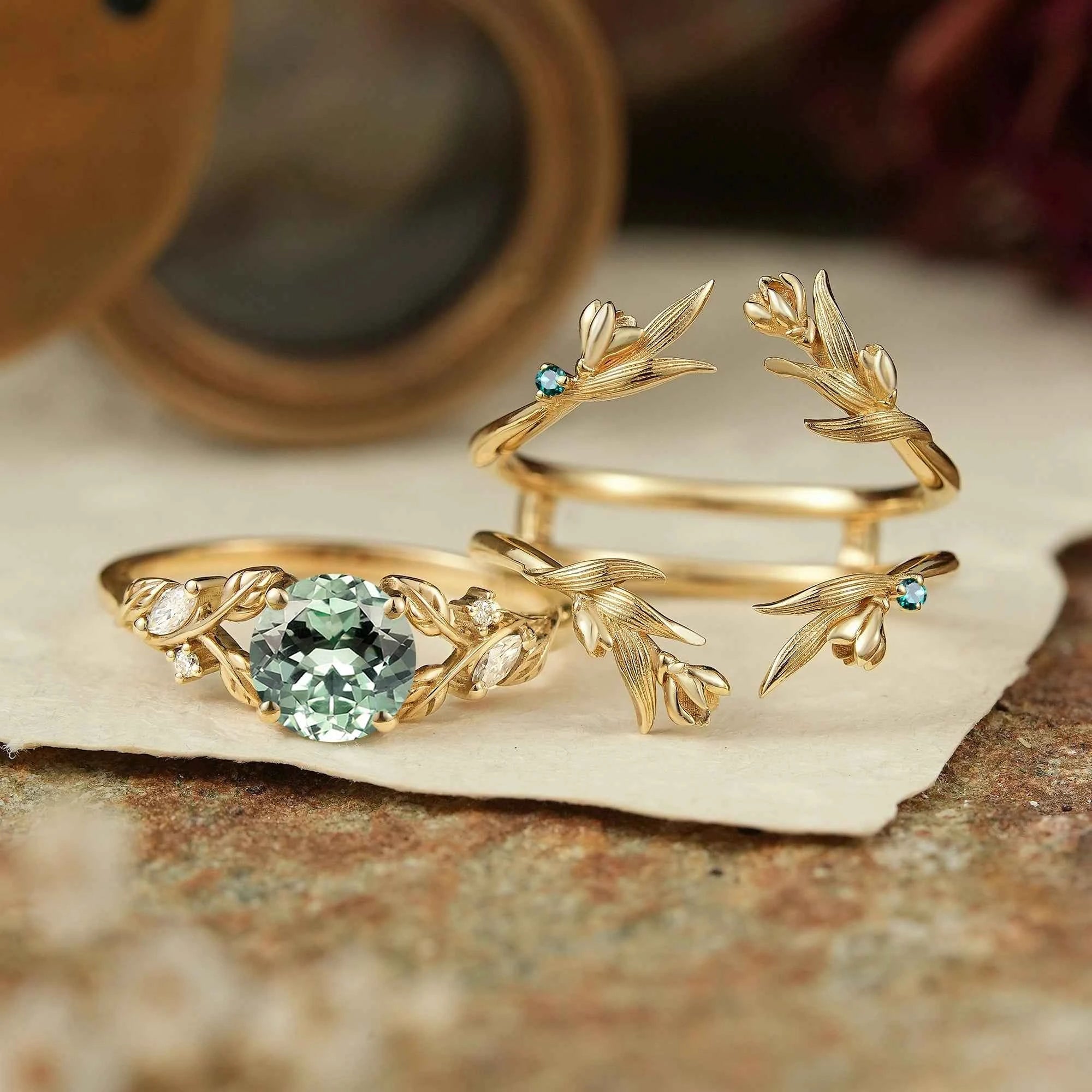 Green Sapphire Leaf And Flower Inspired Enhancer Bridal Ring Set - GemsMagic