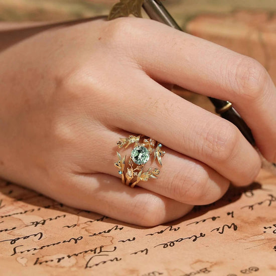 Green Sapphire Leaf And Flower Inspired Enhancer Bridal Ring Set - GemsMagic