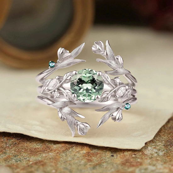 Green Sapphire Leaf And Flower Inspired Enhancer Bridal Ring Set - GemsMagic
