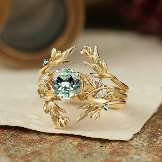 Green Sapphire Leaf And Flower Inspired Enhancer Bridal Ring Set - GemsMagic