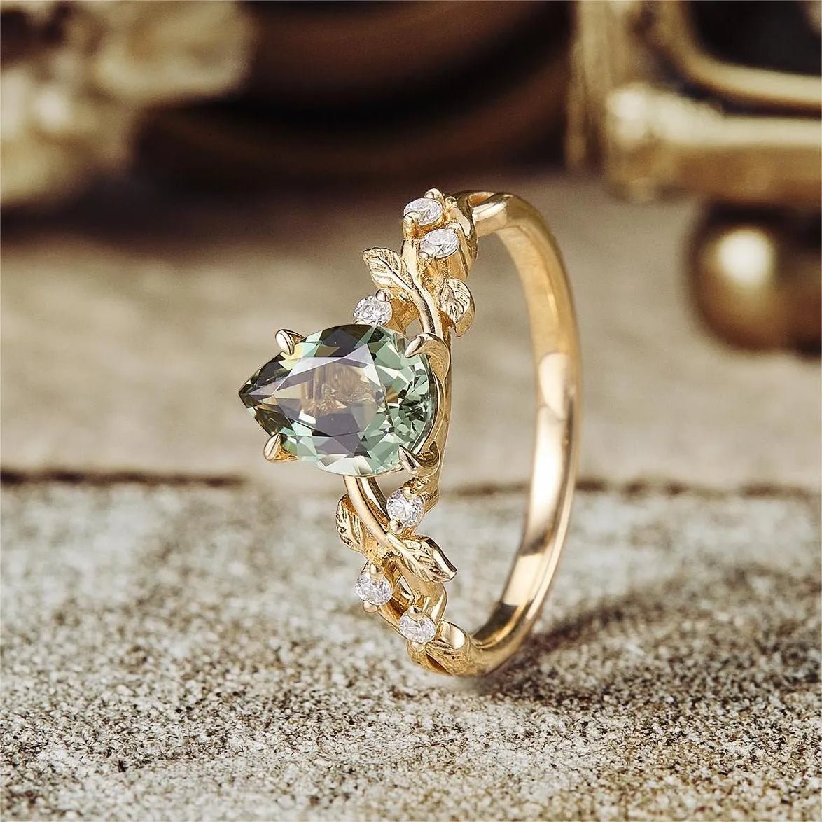 Green Sapphire Leaf Engagement Ring - GemsMagic - GemsMagic