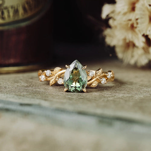 Green Sapphire Leaf Engagement Ring - GemsMagic