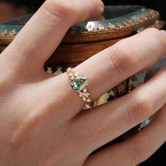 Green Sapphire Leaf Engagement Ring - GemsMagic - GemsMagic