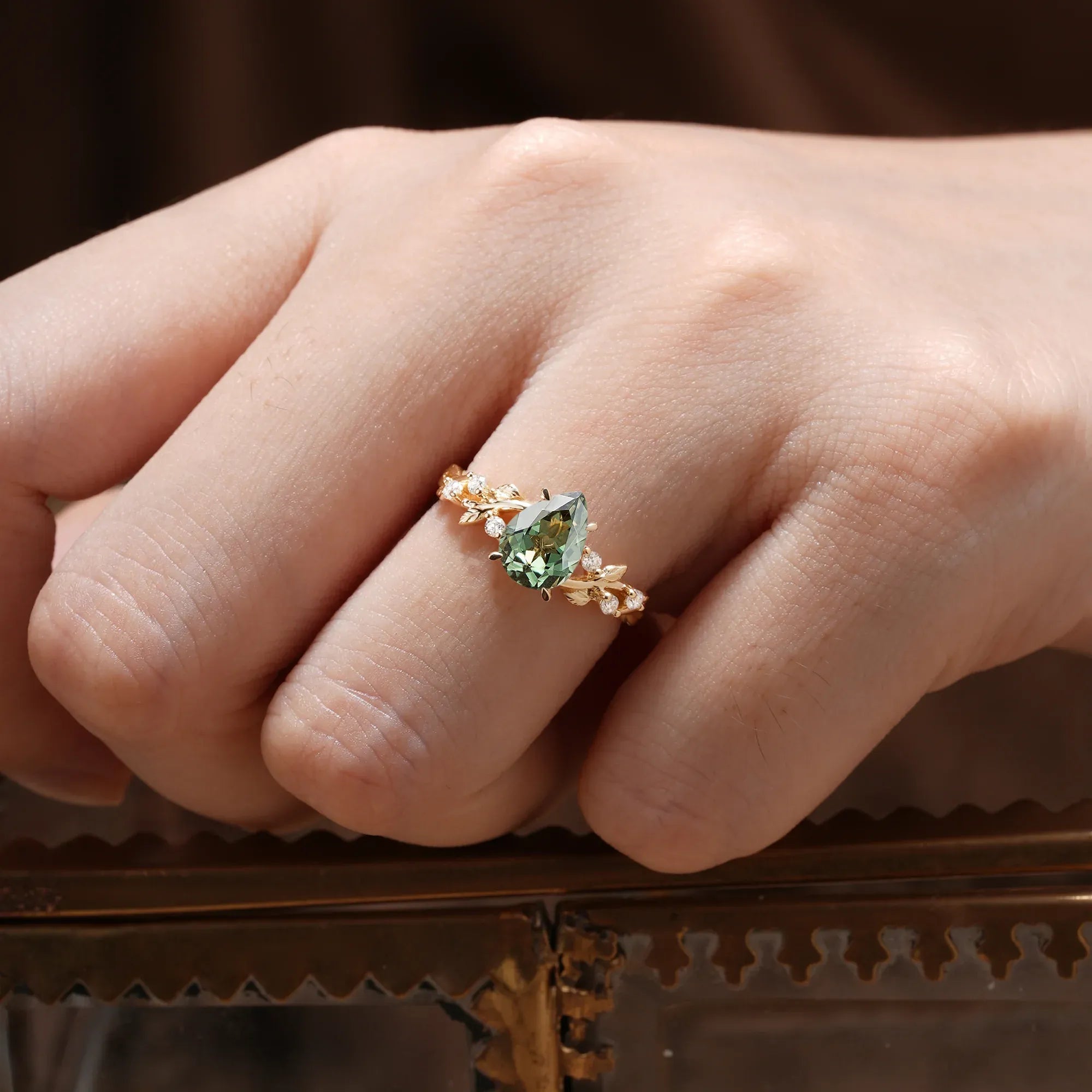 Green Sapphire Leaf Engagement Ring - GemsMagic - GemsMagic