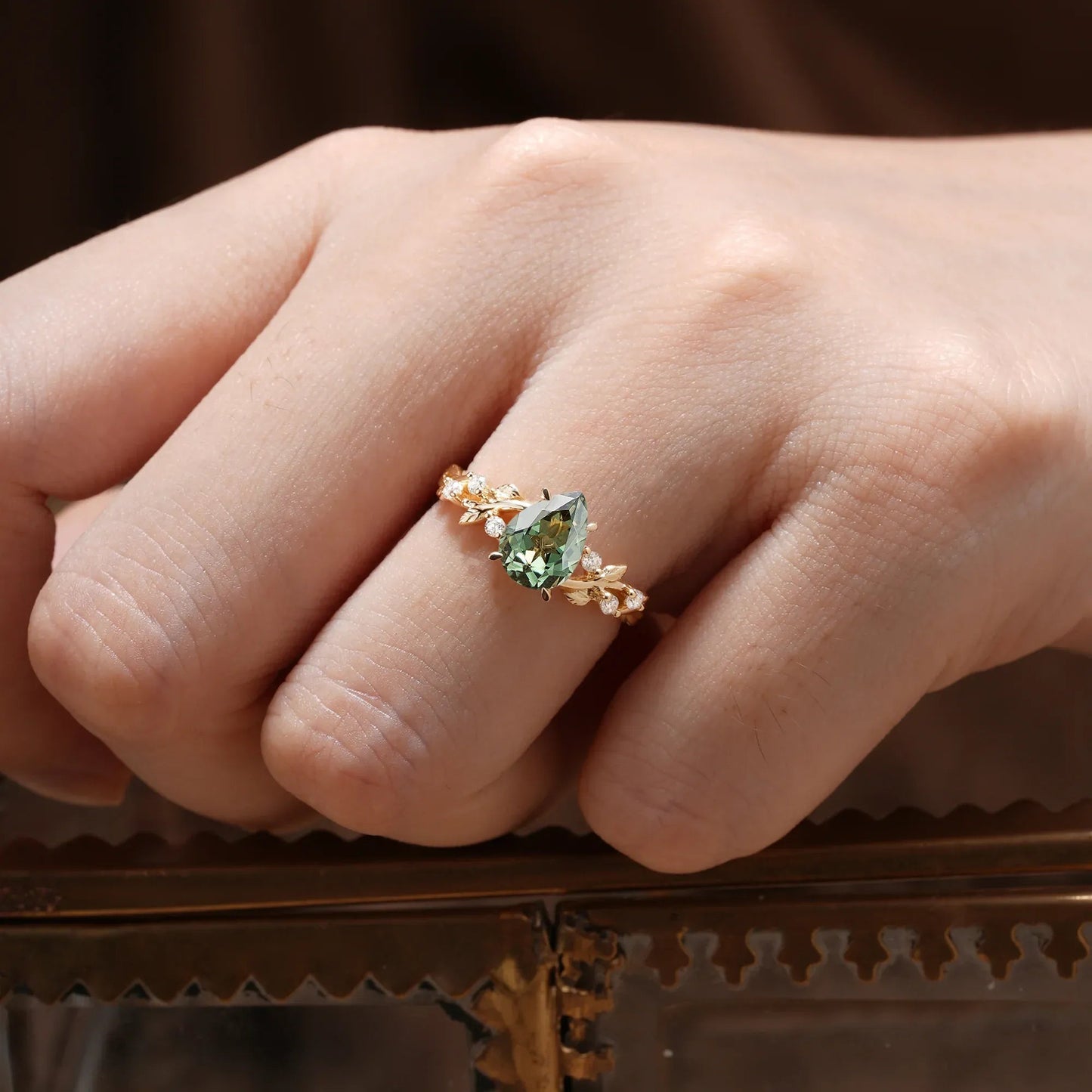 Green Sapphire Leaf Engagement Ring - GemsMagic - GemsMagic