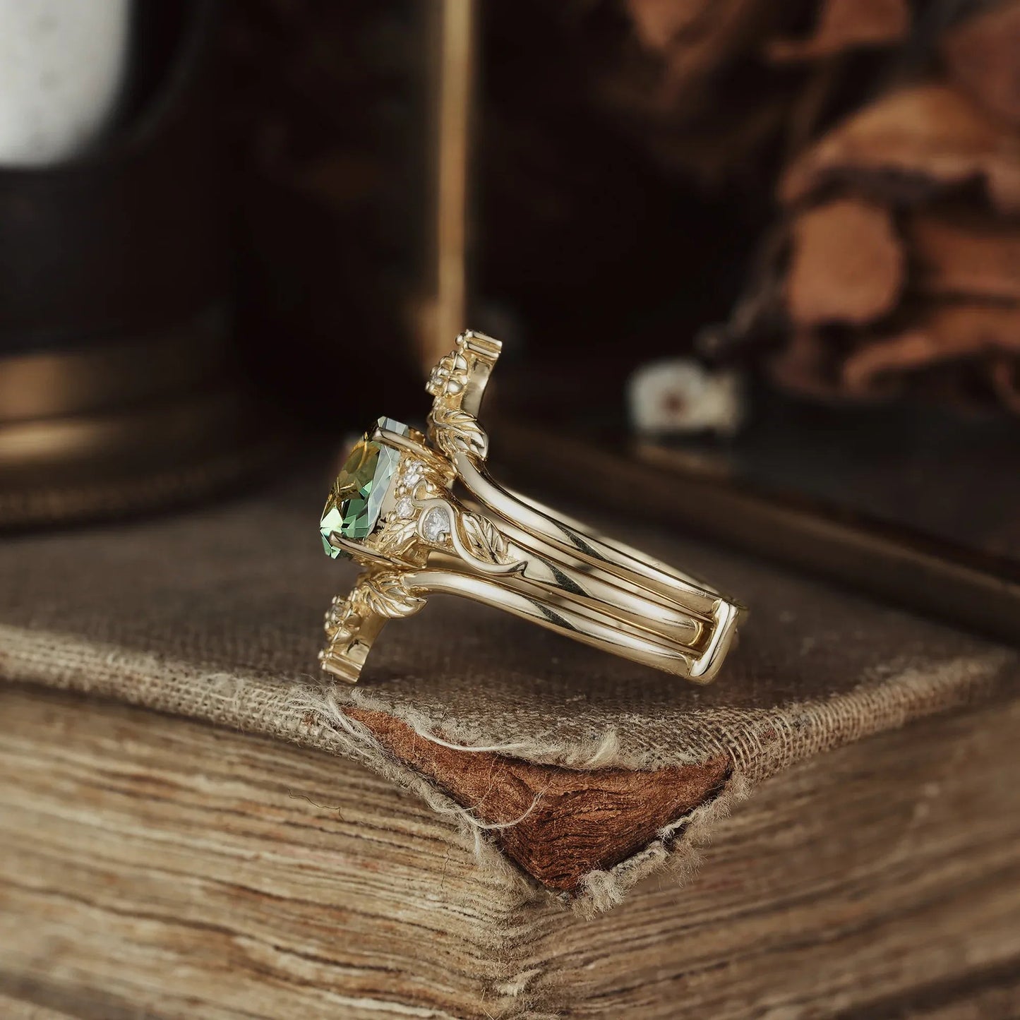 Green Sapphire Leaf Ring Set - Seraphina - GemsMagic