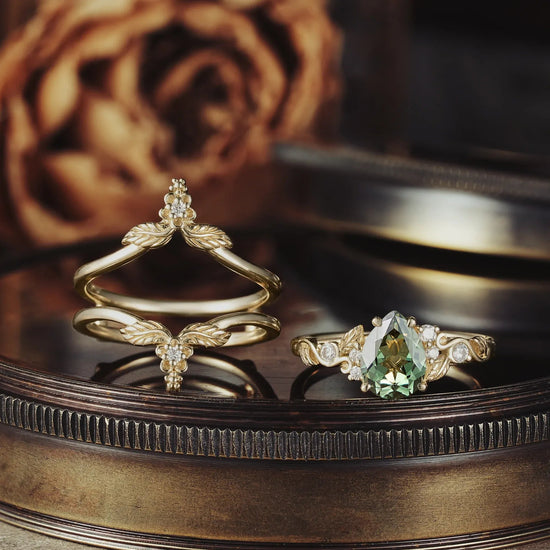 Green Sapphire Leaf Ring Set - Seraphina - GemsMagic