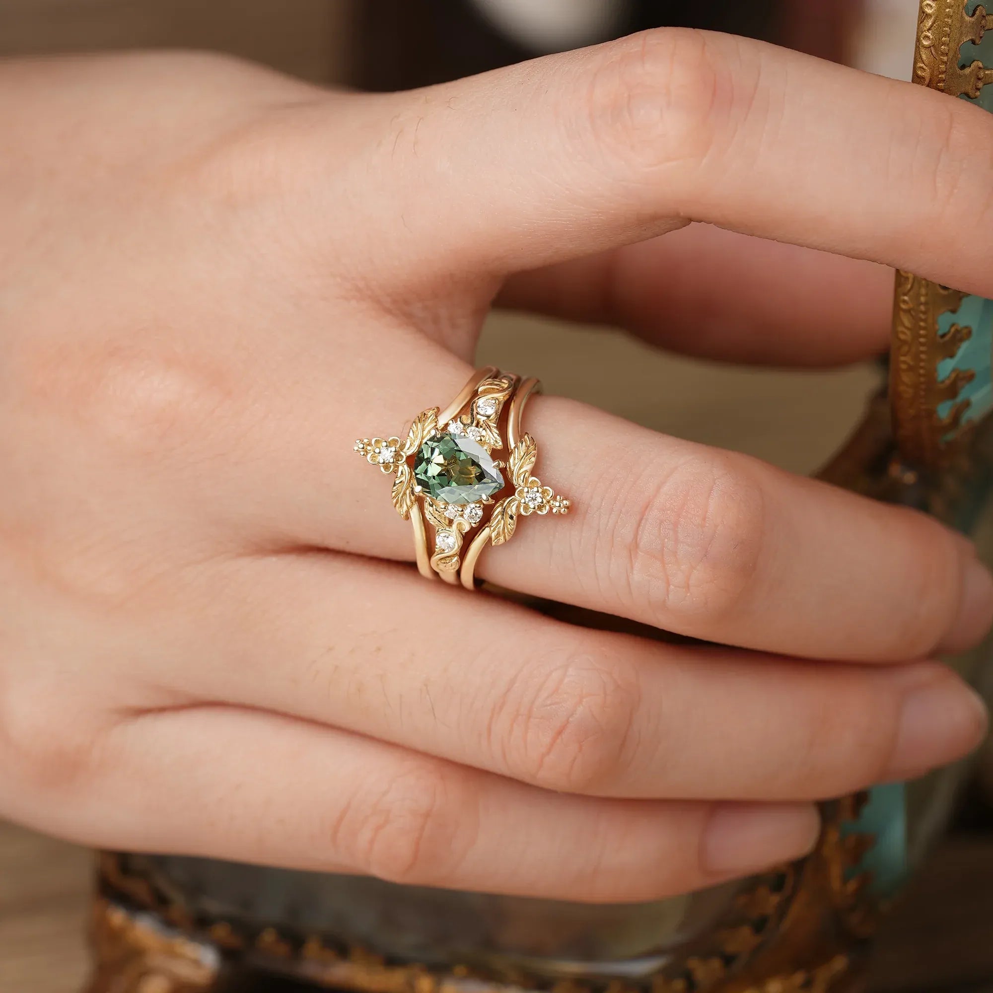 Green Sapphire Leaf Ring Set - Seraphina - GemsMagic