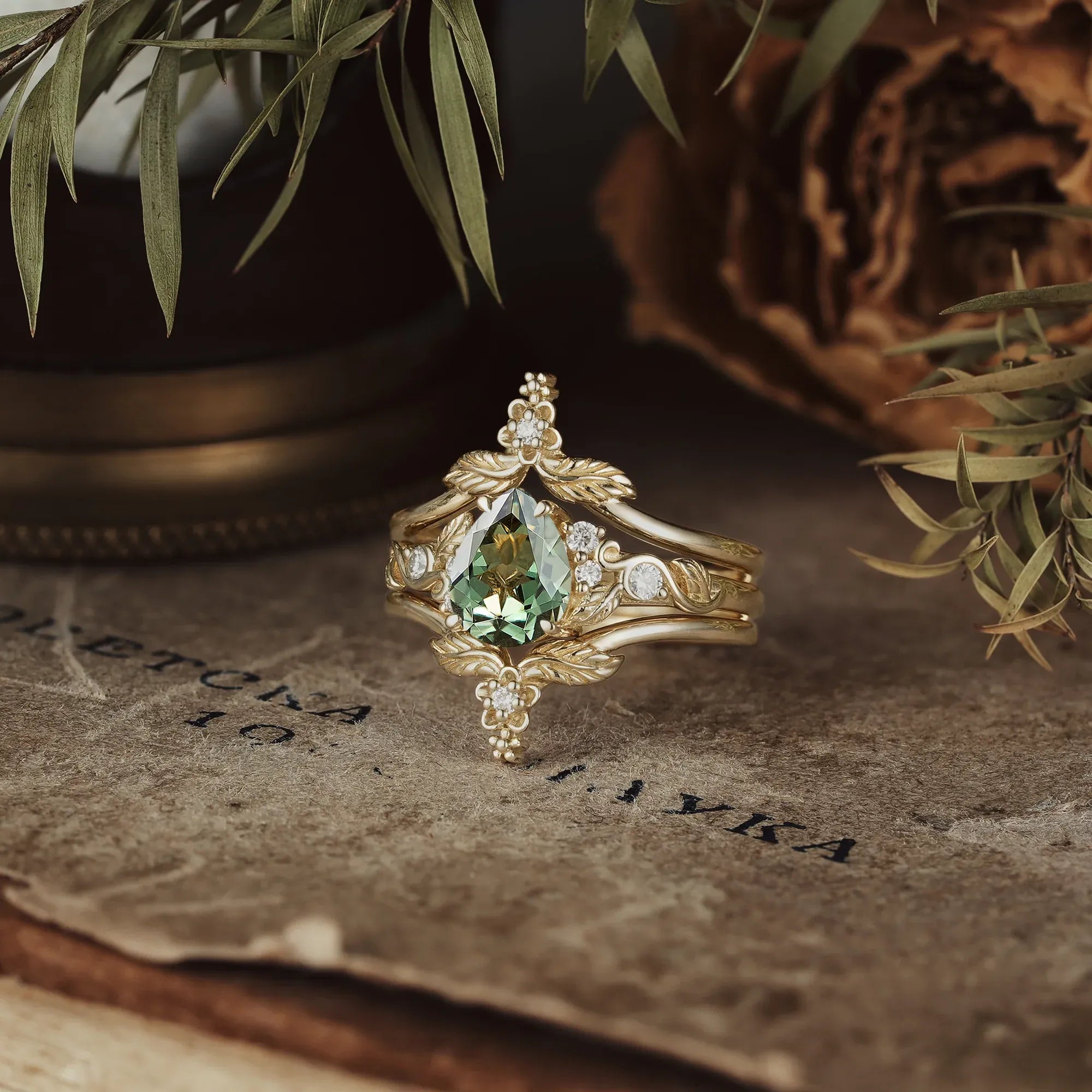 Green Sapphire Leaf Ring Set - Seraphina - GemsMagic