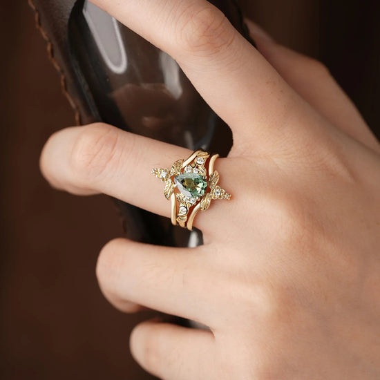 Green Sapphire Leaf Ring Set - Seraphina - GemsMagic