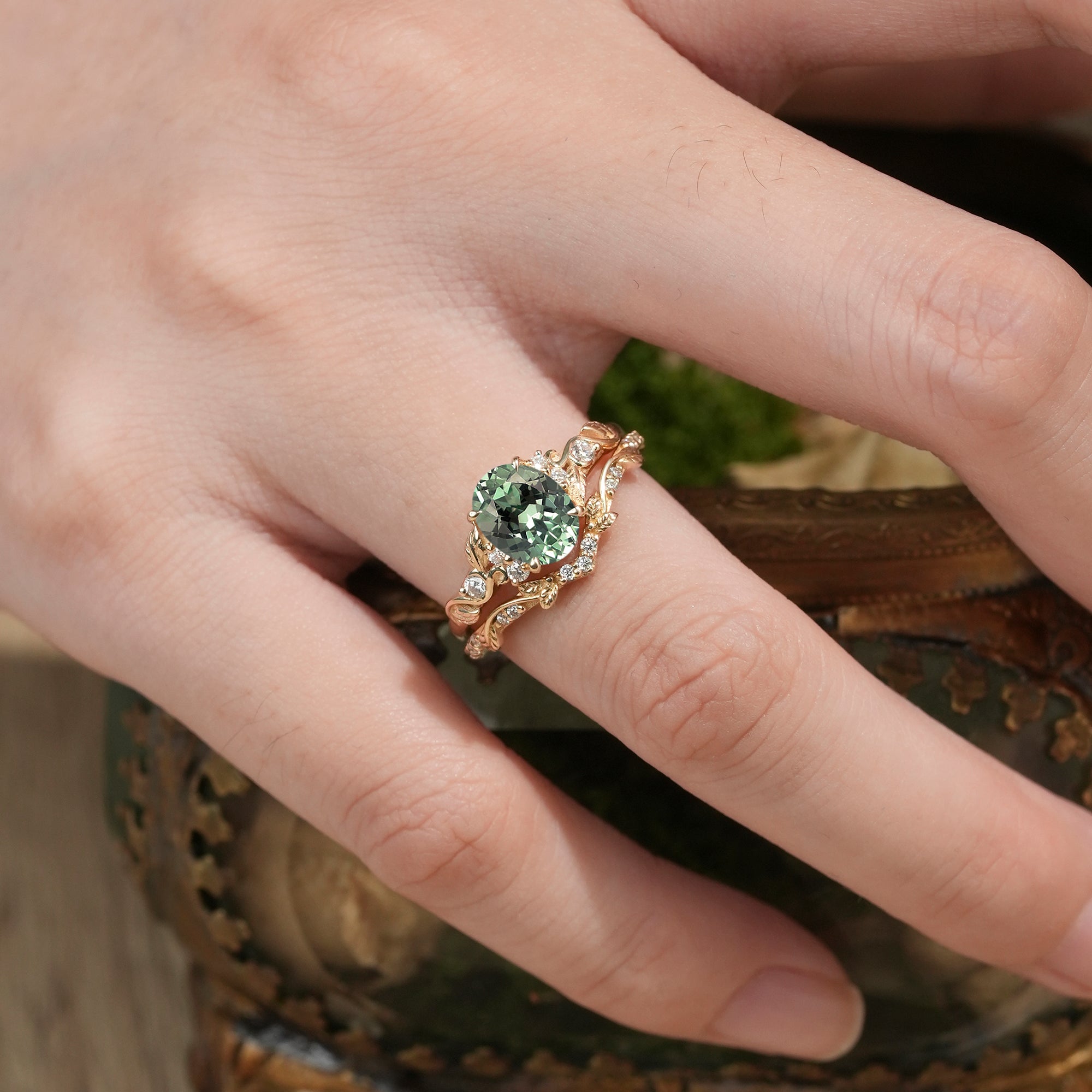 Green Sapphire Leafy Inspired Engagement Ring Set - Zenobia - GemsMagic