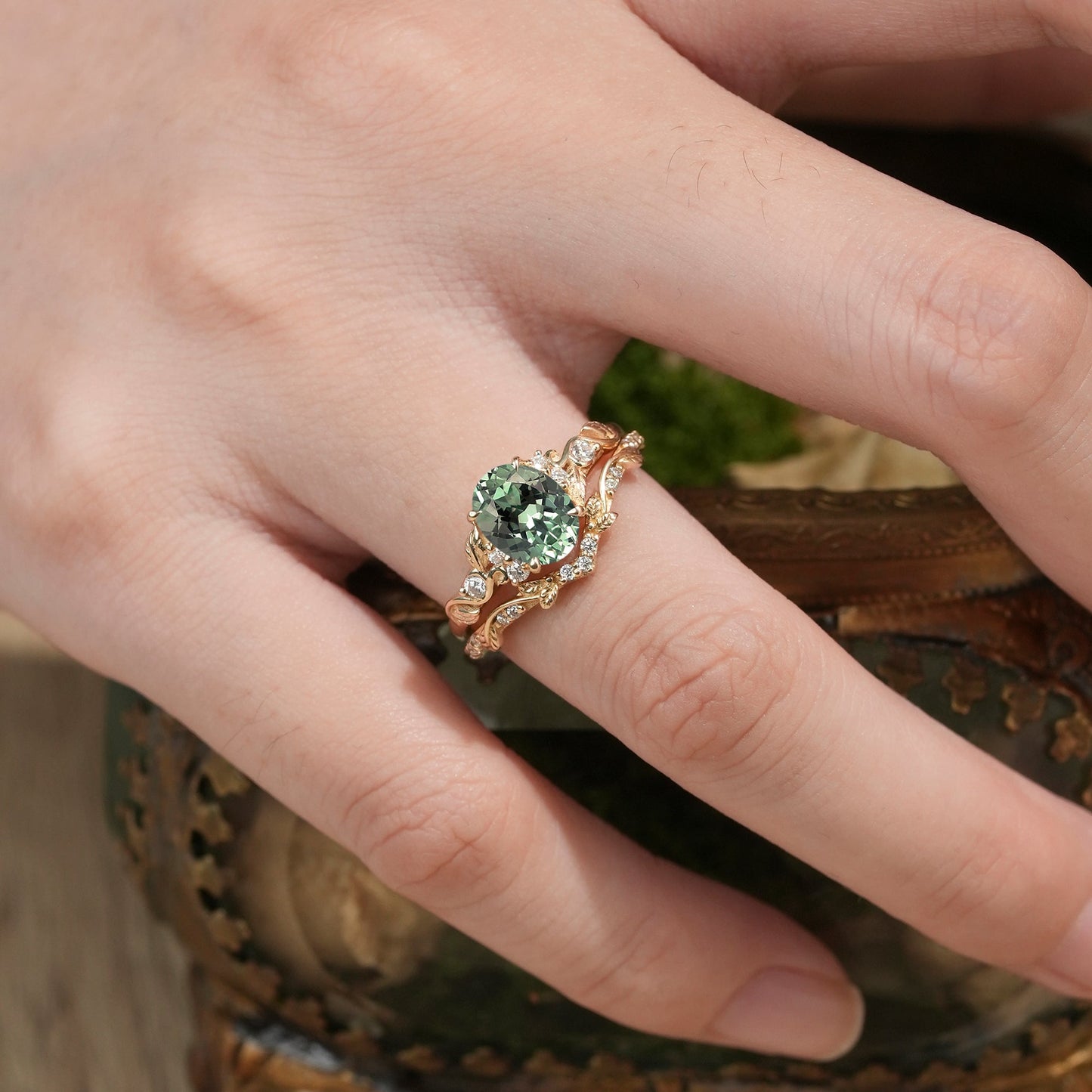 Green Sapphire Leafy Inspired Engagement Ring Set - Zenobia - GemsMagic