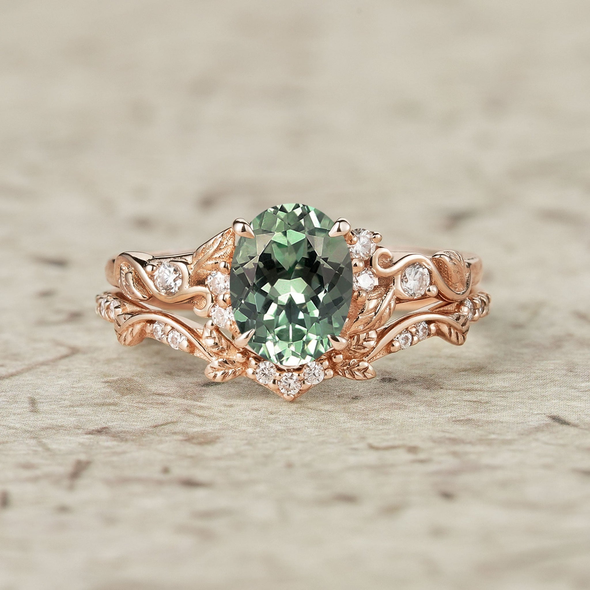 Green Sapphire Leafy Inspired Engagement Ring Set - Zenobia - GemsMagic