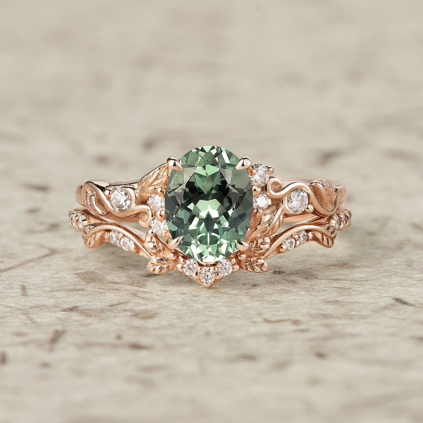 Green Sapphire Leafy Inspired Engagement Ring Set - Zenobia - GemsMagic