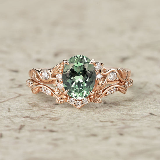 Green Sapphire Leafy Inspired Engagement Ring Set - Zenobia - GemsMagic