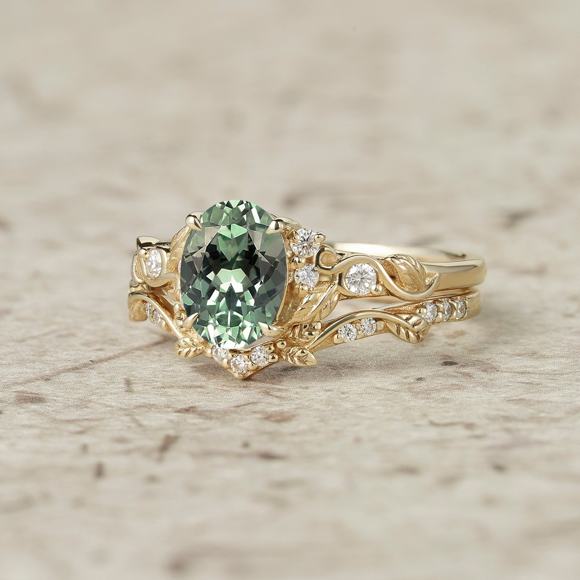 Green Sapphire Leafy Inspired Engagement Ring Set - Zenobia - GemsMagic