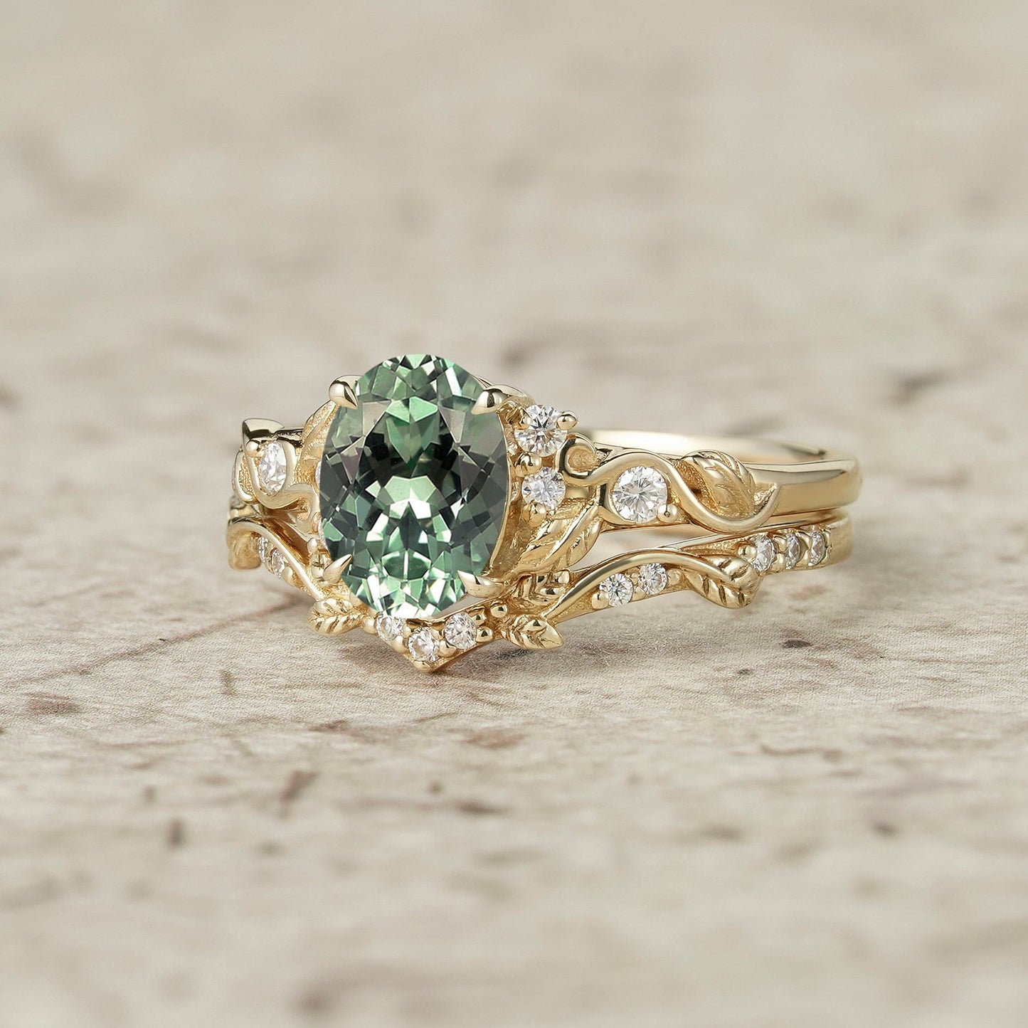 Green Sapphire Leafy Inspired Engagement Ring Set - Zenobia - GemsMagic