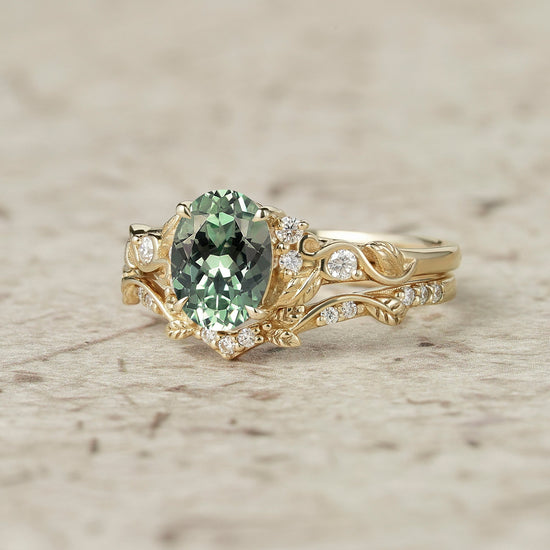 Green Sapphire Leafy Inspired Engagement Ring Set - Zenobia - GemsMagic