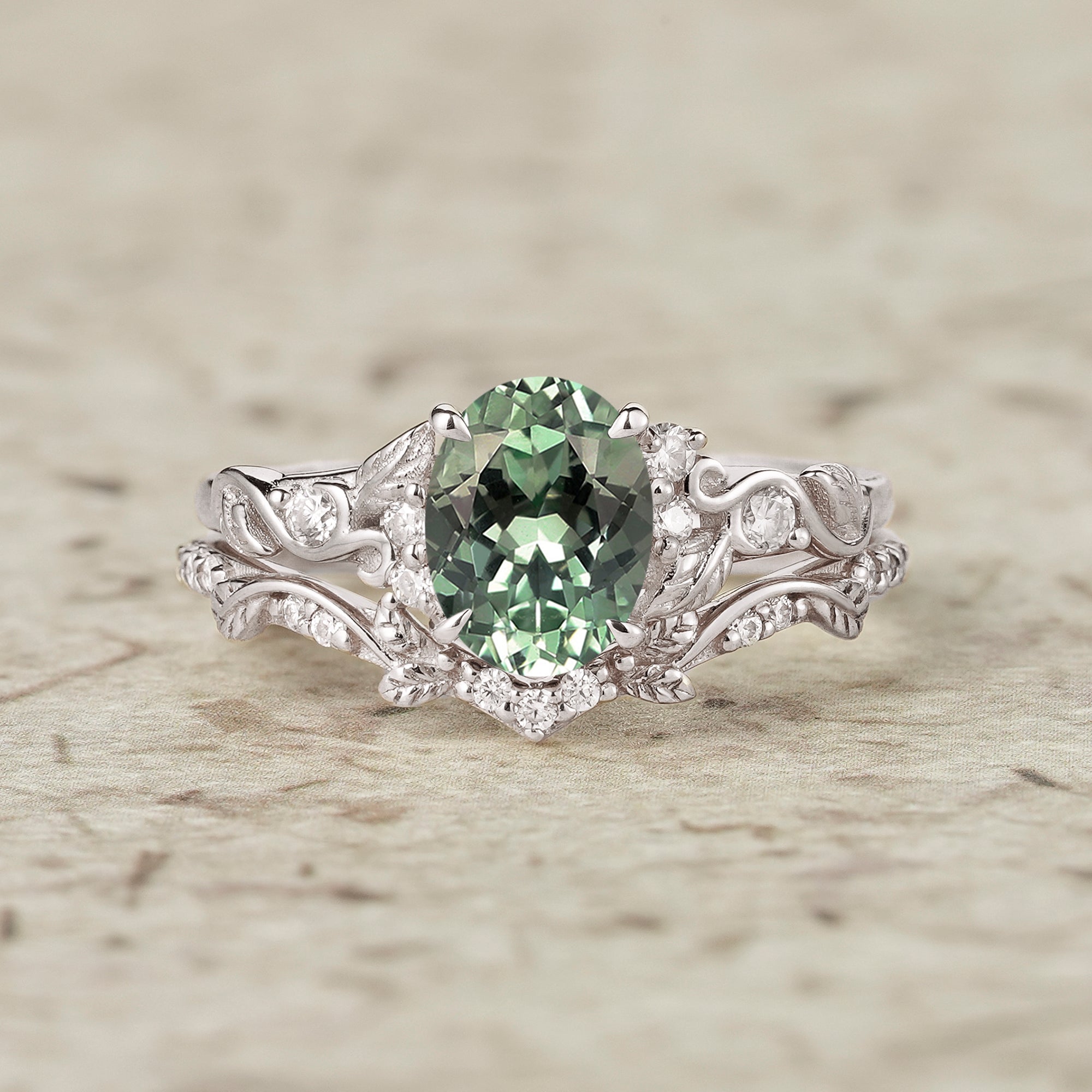 Green Sapphire Leafy Inspired Engagement Ring Set - Zenobia - GemsMagic