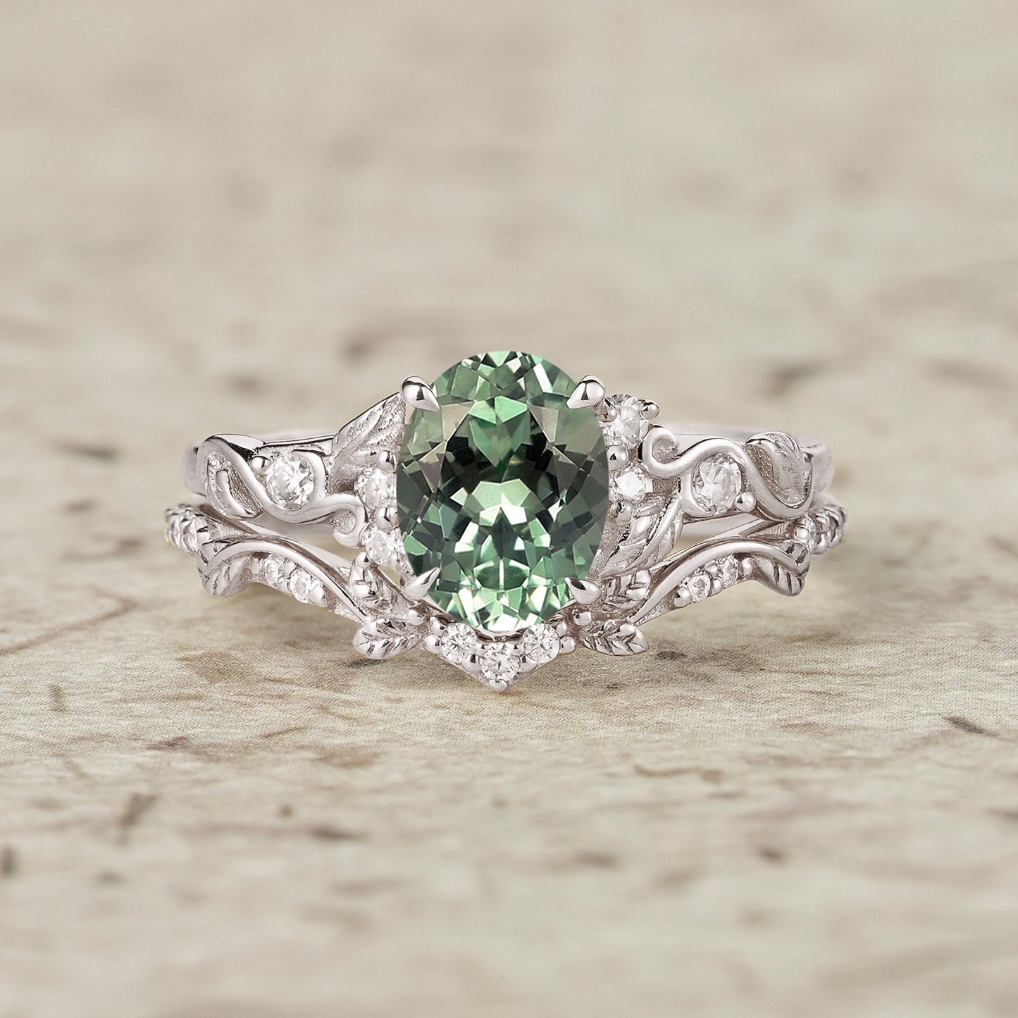 Green Sapphire Leafy Inspired Engagement Ring Set - Zenobia - GemsMagic