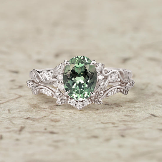 Green Sapphire Leafy Inspired Engagement Ring Set - Zenobia - GemsMagic