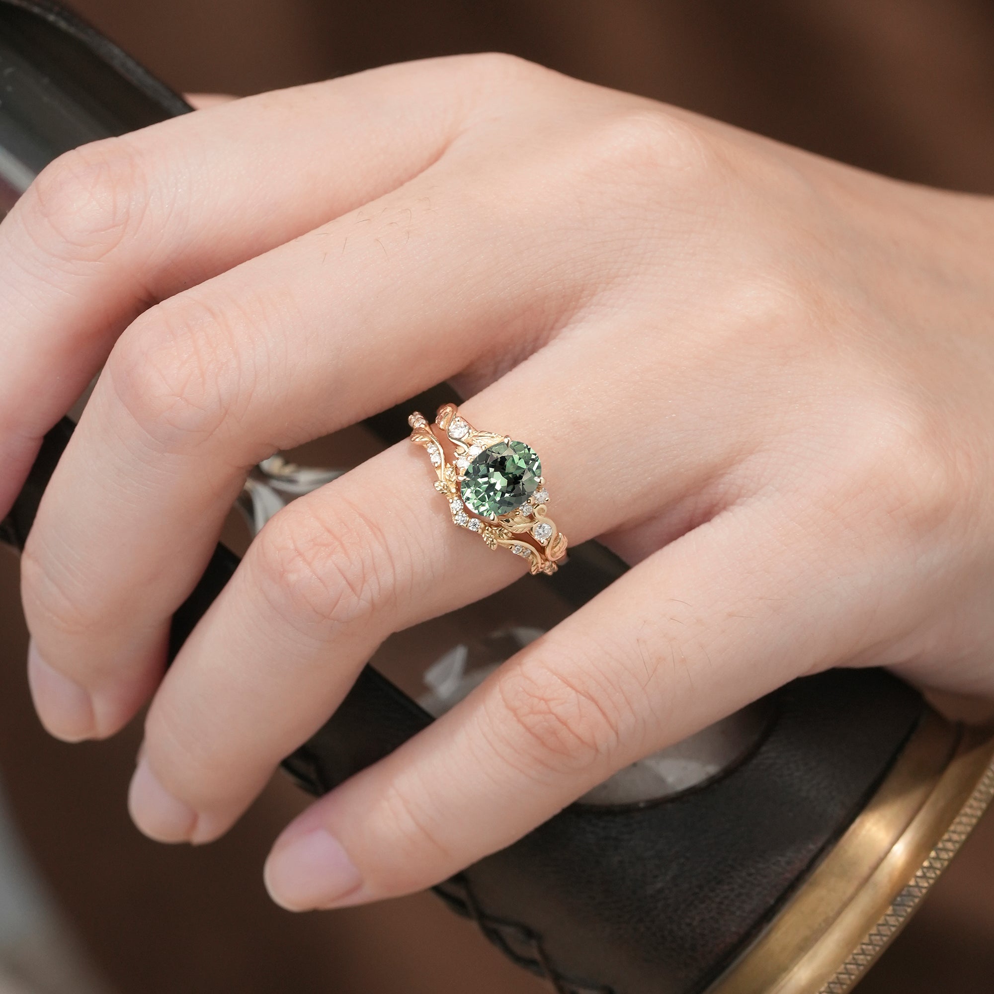 Green Sapphire Leafy Inspired Engagement Ring Set - Zenobia - GemsMagic