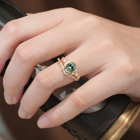 Green Sapphire Leafy Inspired Engagement Ring Set - Zenobia - GemsMagic