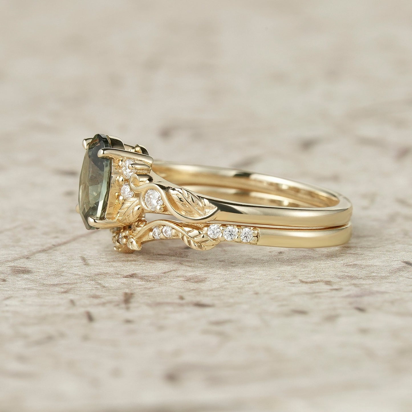 Green Sapphire Leafy Inspired Engagement Ring Set - Zenobia - GemsMagic