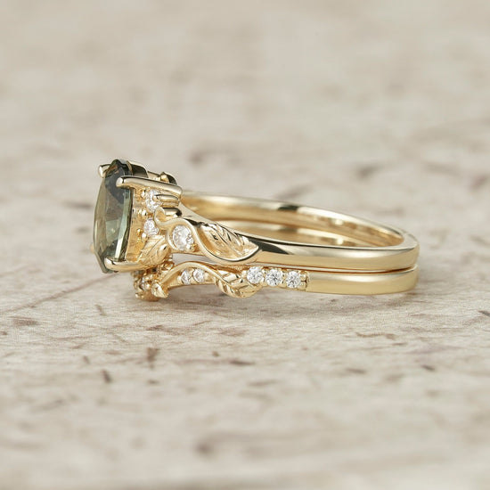 Green Sapphire Leafy Inspired Engagement Ring Set - Zenobia - GemsMagic