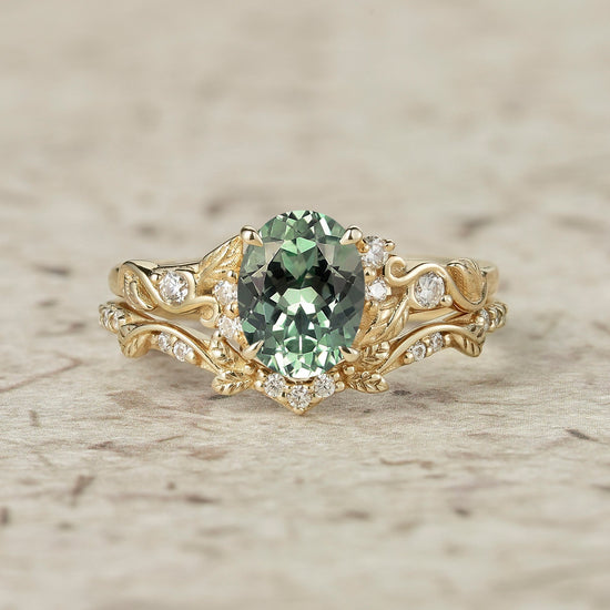 Green Sapphire Leafy Inspired Engagement Ring Set - Zenobia - GemsMagic