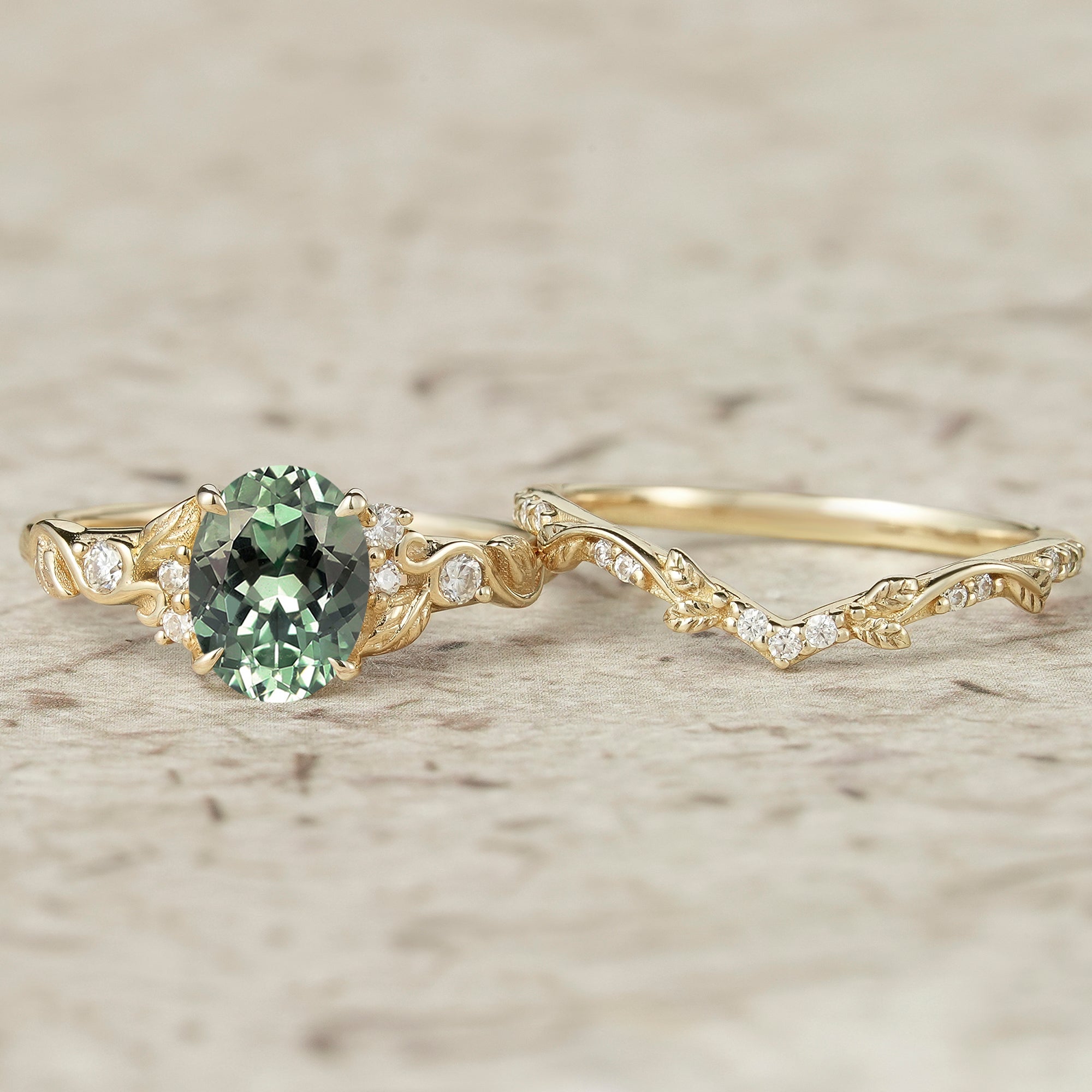 Green Sapphire Leafy Inspired Engagement Ring Set - Zenobia - GemsMagic