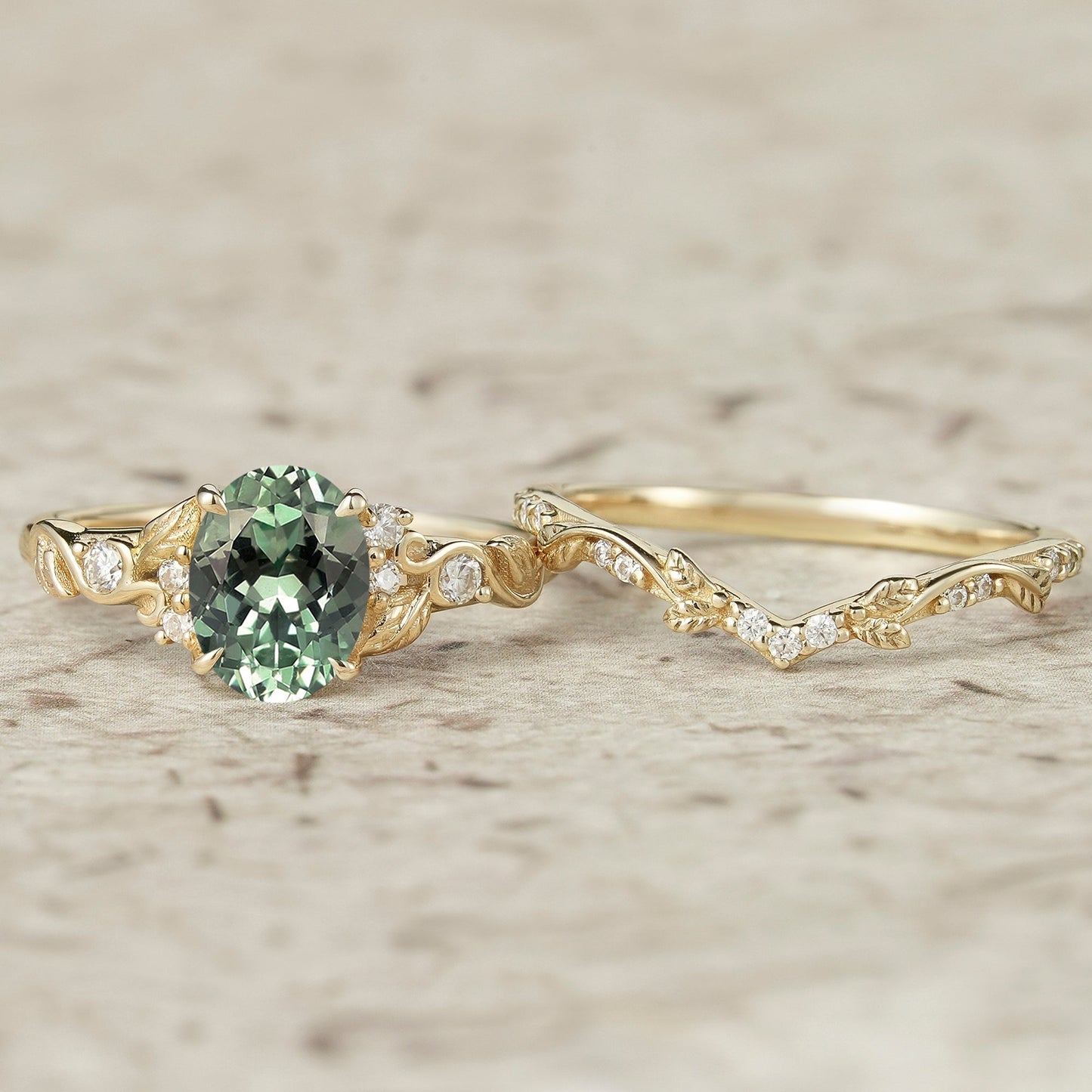 Green Sapphire Leafy Inspired Engagement Ring Set - Zenobia - GemsMagic