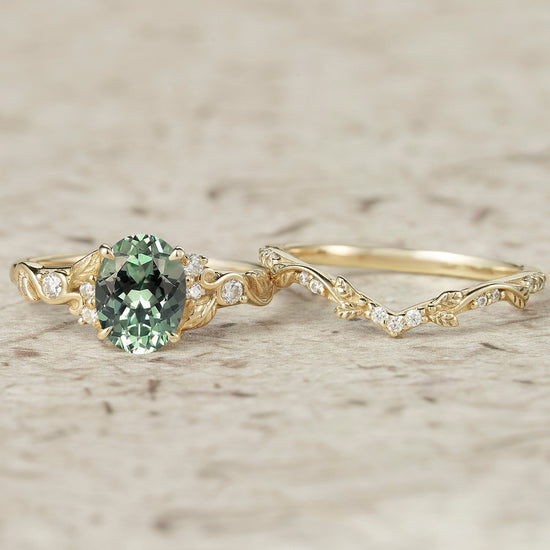 Green Sapphire Leafy Inspired Engagement Ring Set - Zenobia - GemsMagic