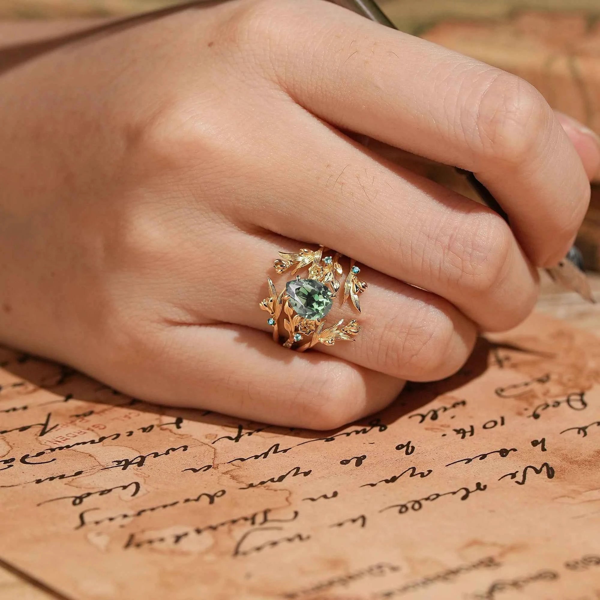 Green Sapphire Nature Inspired Ring Enhancer Bridal Ring Set - GemsMagic