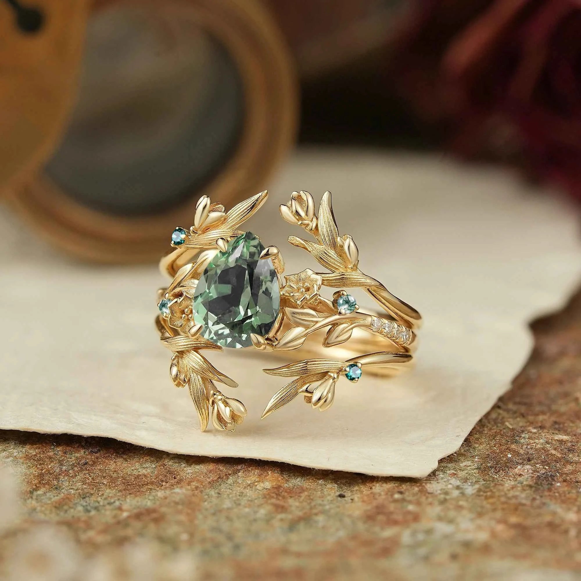 Green Sapphire Nature Inspired Ring Enhancer Bridal Ring Set - GemsMagic
