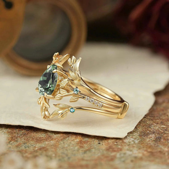 Green Sapphire Nature Inspired Ring Enhancer Bridal Ring Set - GemsMagic