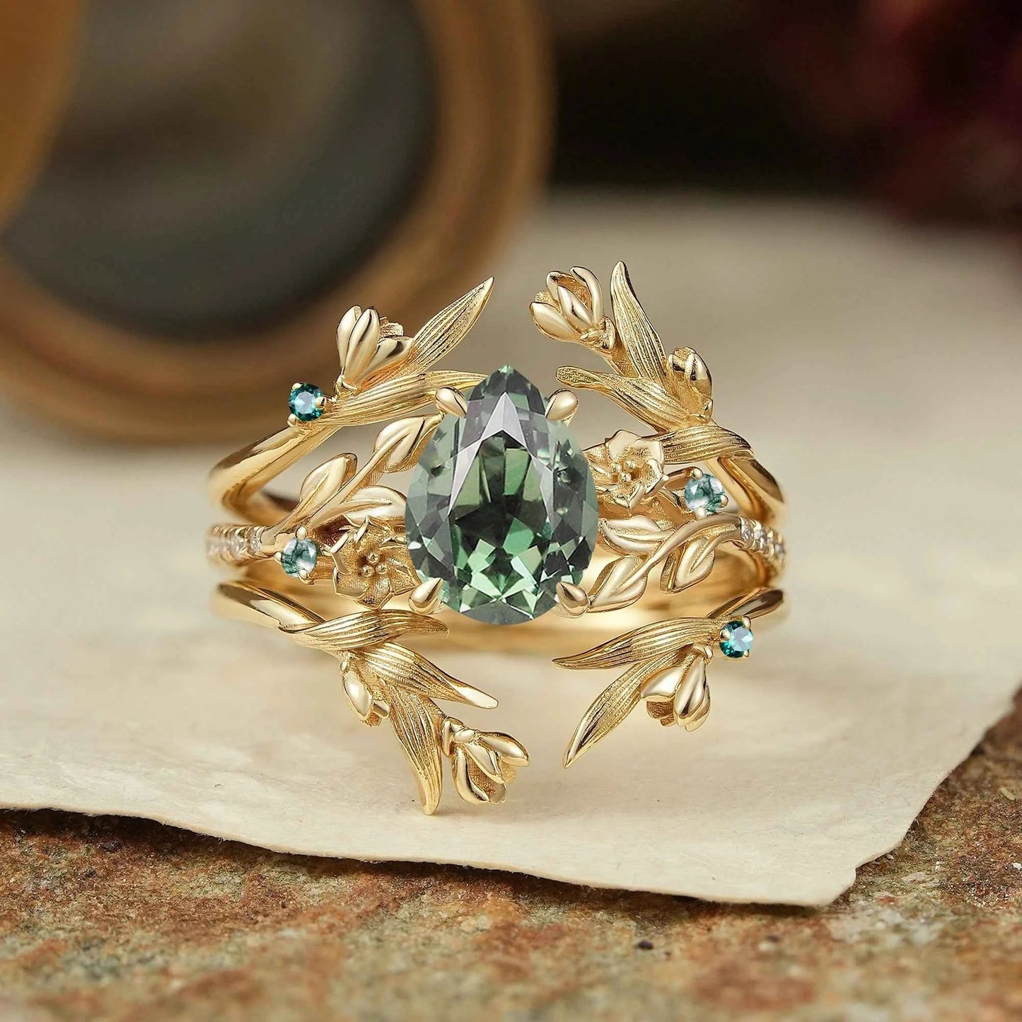 Green Sapphire Nature Inspired Ring Enhancer Bridal Ring Set - GemsMagic