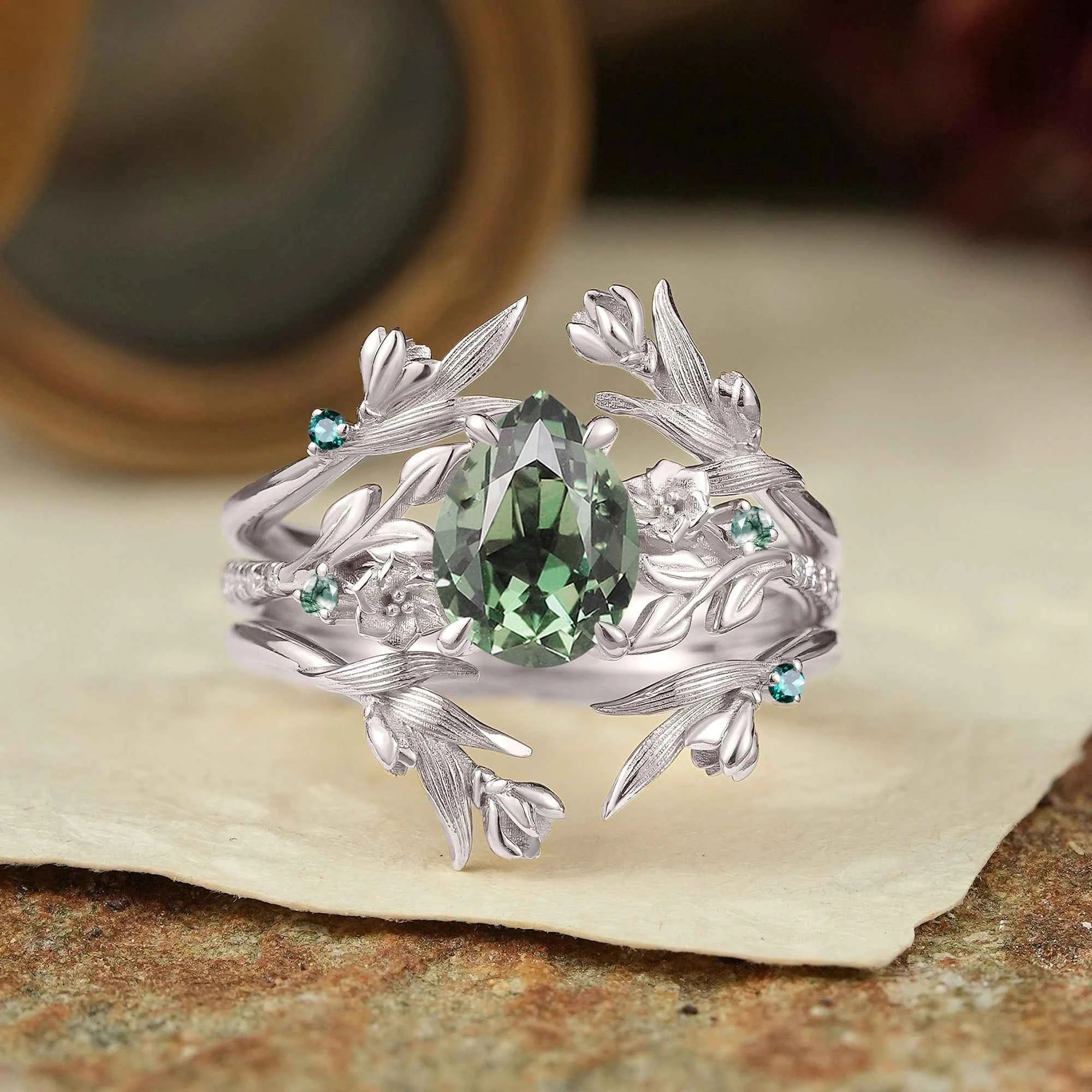 Green Sapphire Nature Inspired Ring Enhancer Bridal Ring Set - GemsMagic
